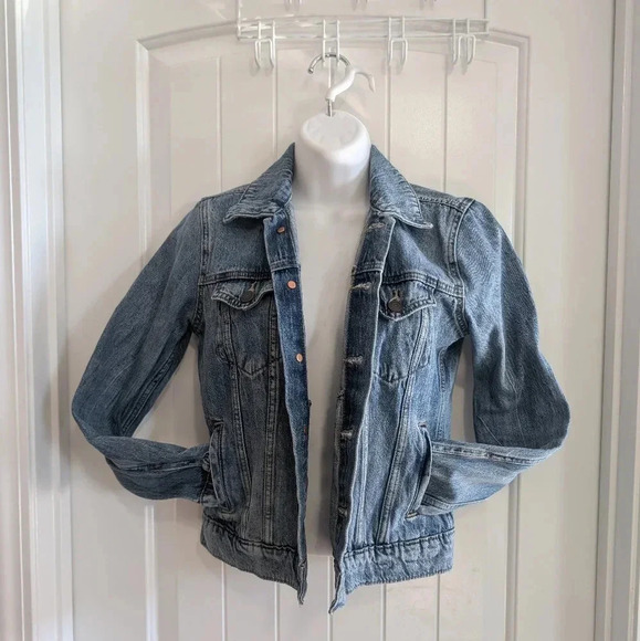 Women's xs Lucky Brand The Tomboy Trucker Distressed Blue Jean Fall Denim Jacket - Picture 2 of 9